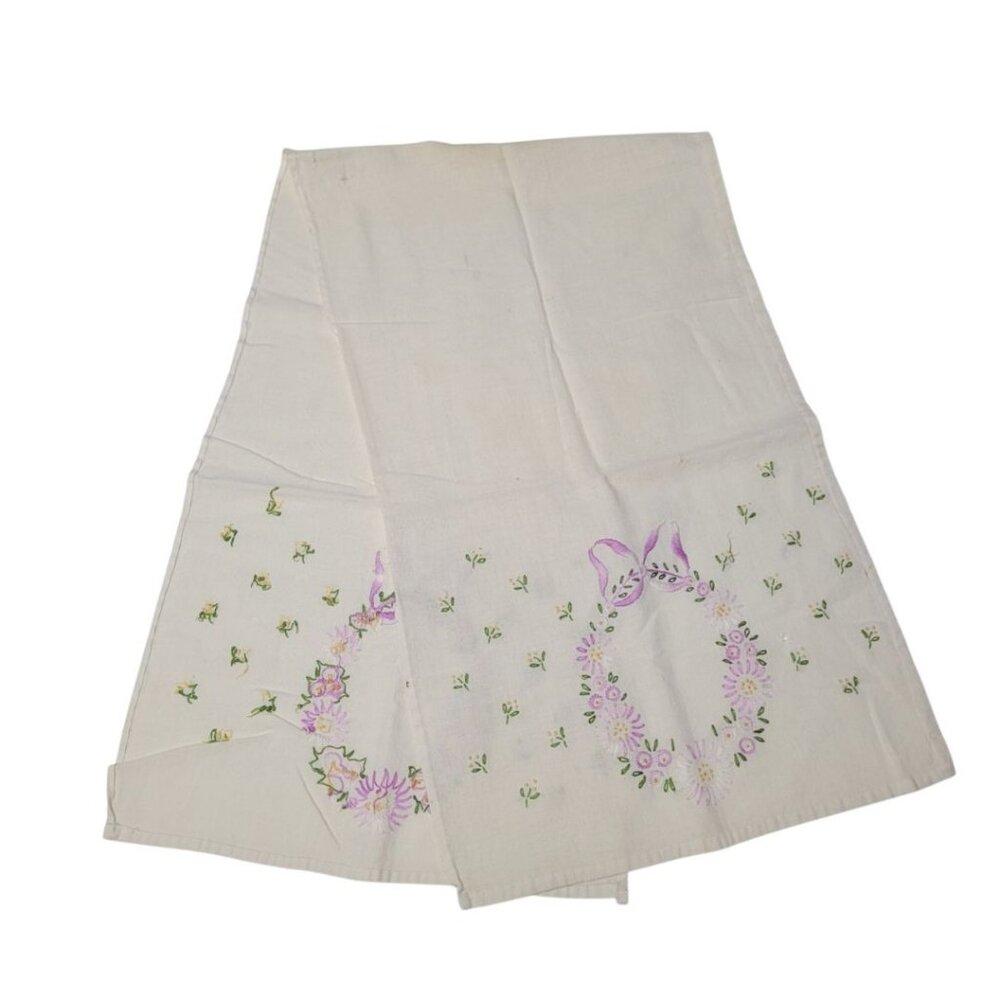 Embroidered Table Runner Small Vintage Linen Handmade Wreath‎ Flowers